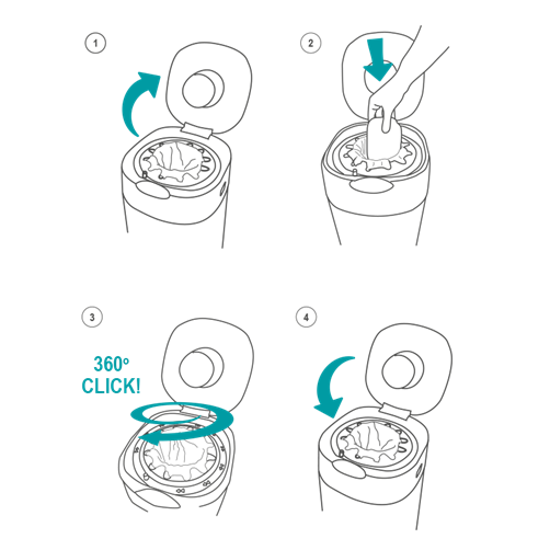 How to use twist and click bin with diagrams of steps 1 - 4 which are labeled. these are described below