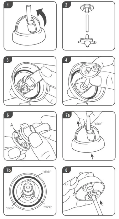 Diagram showing how to dissemble weighted straw cup steps 1 through to 8 which are listed above