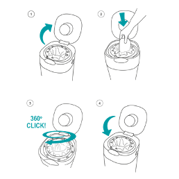 How to use twist and click bin with diagrams of steps 1 - 4 which are labeled. these are described below