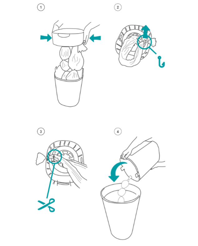 How to empty twist and click bin with diagrams of steps 1 - 4 which are labeled. these are described below